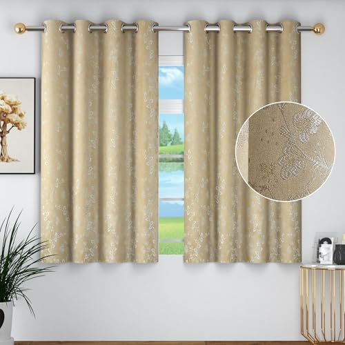 Image of FRESH FROM LOOM Heavy Jari Jacquard Premium Luxury Anti-Fade Curtain 5 Feet Window | Floral Semi Blackout | Light Blocking 80% Room Darkening | Eyelet Top Parda (5feet, Beige, 2pc)