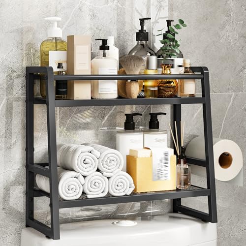 HOOBRO Bathroom Shelf Storage 2-Tier Metal Over Toilet Storage Unit Bathroom Organizer with Tissue Paper Holder and Hooks Metal Frame for Bathroom Kitchen Black EBK16TS01