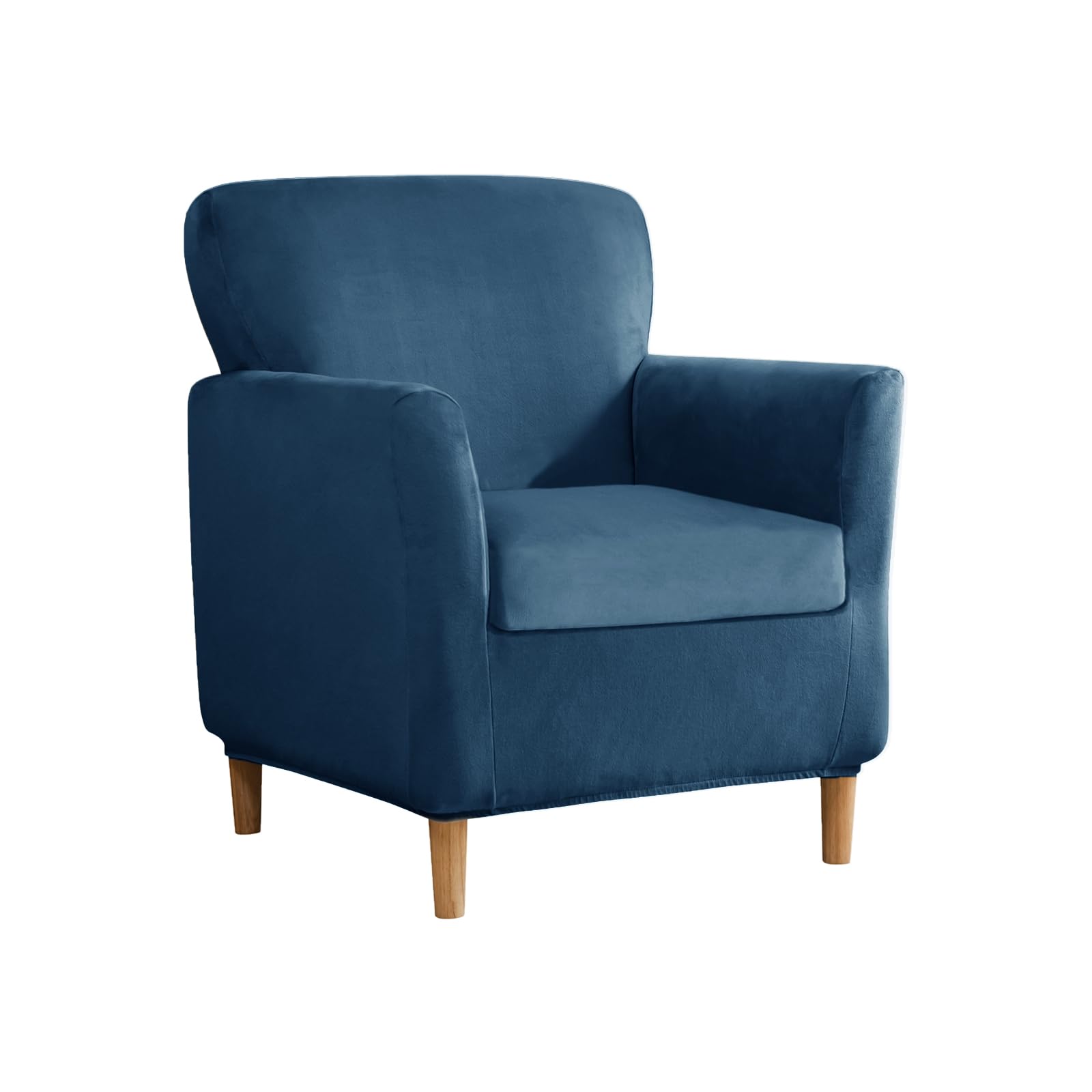 SYLC Stretch Velvet Armchair Sofa Covers with Ottoman Cover Rectangle/Square, Banquet Tub Chair Covers Footstool Slipcover Furniture Protector (Blue,Chair+Seat)