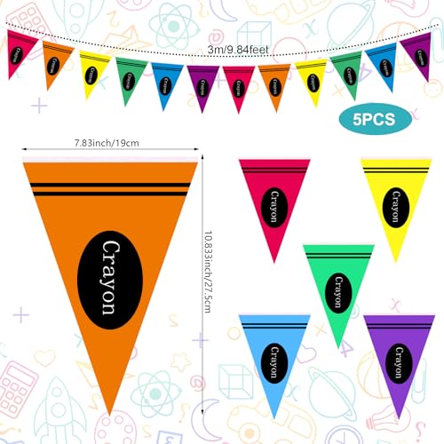 Image of VitalCozy 5 Pcs Back to School Crayon Classroom Decor Colorful Rainbow Pennant Banner Flags 49 ft Kindergarten Preschool Classroom Decorations Crayon Themed Party Decorations Pre-assemble
