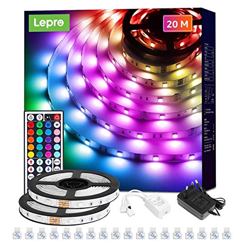 Lepro Ledstrip 20 m (2 x 10 m) RGB set, 5050 SMD 600 leds, 12 V, zelfklevende flexibele led-lichtstrip, led-lichtketting, IP20, led-strip, ketting, dimbaar, voeding en controller inbegrepen