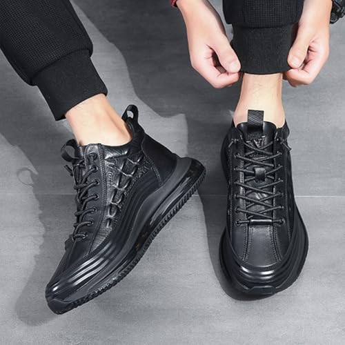 Men's Crocodile Print Leather Sneakers Casual Air Elastic Waterproof Height Lifting Comfortable Shoes High Top Sneakers (Black,8.5)3