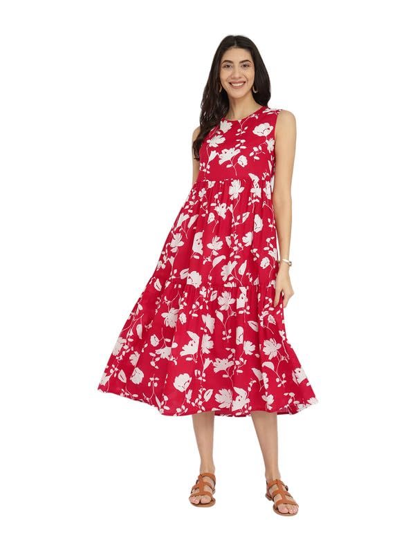 pink fort Cotton Floral Sleeveless Tiered Dress - Red & White-picture-0