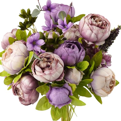 Image of FiveSeasonStuff Dusty Purple, Mauve & Greenery Accents Artificial Peony Bouquet, Two Faux Silk Flower Bundles with Hydrangeas