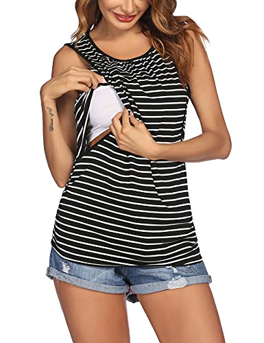 Ekouaer Nursing Shirt Womans Discreet Nursing Tank For Breastfeeding Soft Modal Maternity Tops For Mamas Navy+Black Striped+Green Floral S #TOP2