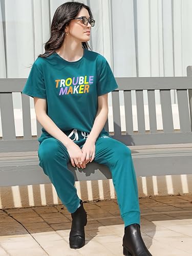 Image of ZEYO Night Suit for Women's Typography Printed Cotton Night Dress of Top and Joggers