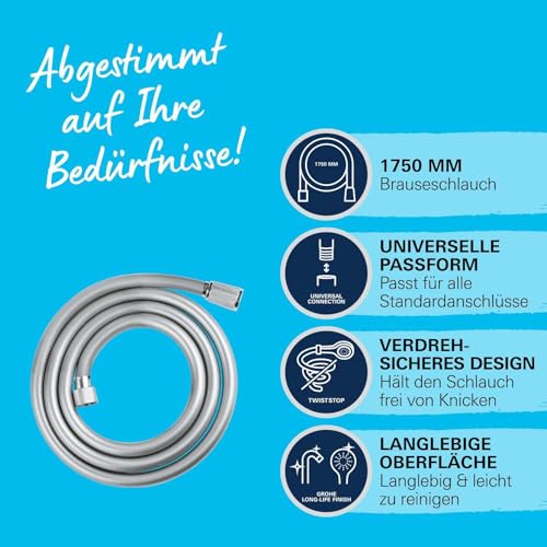 GROHE Vitalioflex, Duschschlauch 1,75m (flexibler knickfester Brauseschlauch für die Dusche, druckbeständig, universaler Anschluss, keine Dichtungsringe notwendig), chrom, 28745002