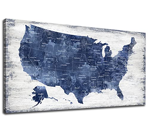 Image of Map of The United States Wall Art Vintage America Map Canvas Wall Decor Wood Board USA Map Pictures Canvas Prints for Bedroom Office Kitchen Living Room Home Decor Framed Artwork Ready to Hang 29 inchx58 inch