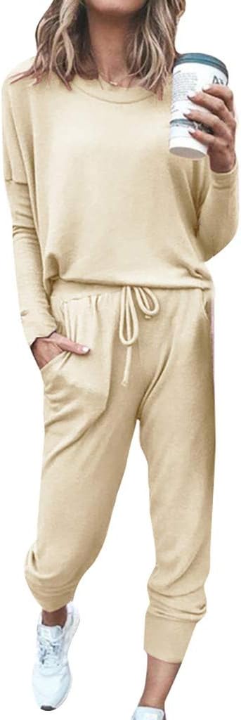 Womens Tracksuit Set Casual Solid Long Sleeve Pullover Tops and Drawstring Pants Outfits Jumpsuit Boxy Pajama Suit Ladies Jogger 2 Piece