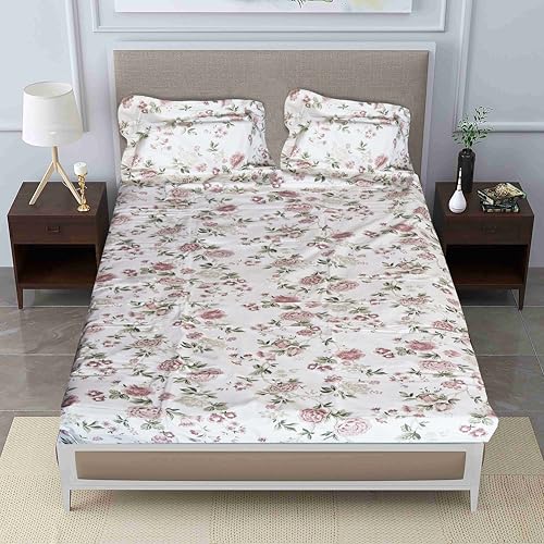 Image of Pure Source India Pure Cotton Elegance Bedding Set, Dreamy Cotton Comfort Double Bed Sheet with Pillow Covers (Pink Flora Green Leaf)
