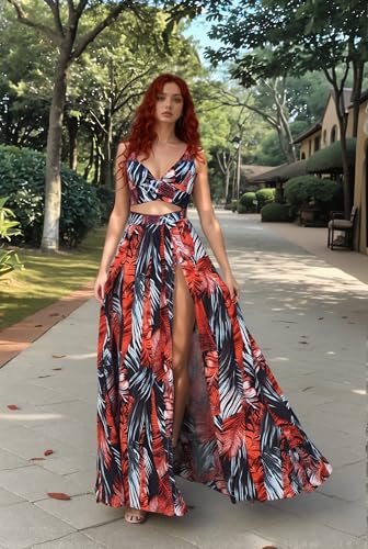 Image of Women Sexy 2 Piece Outfits Dress Chiffon Strap Deep V Neck Bra Crop Top High Split Maxi Dresses Skirt Set