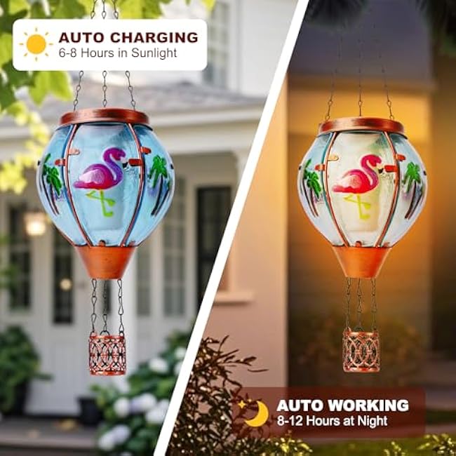 Flamingo Solar Hot Air Balloon Lantern, Outdoor Decor with Flame Lights Waterproof, Hanging Lights for Garden Yard Lawn Patio, Unique Gifts for Women Mom Grandma Gardener for Mother'Day
