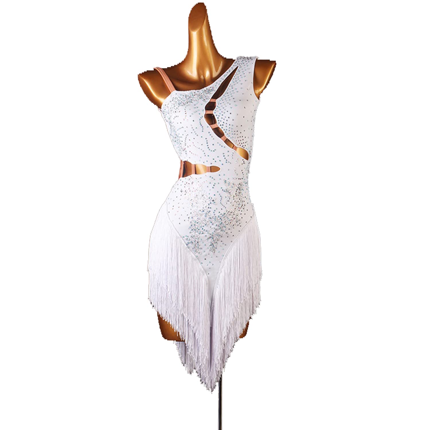 Abito da ballo latino con frange e strass, per esibizioni di tango, tinta unita, moderno, per la Rumba