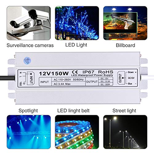 Image of LED Driver 150W 12V DC Low Voltage Transformer,Waterproof IP67 LED Power Supply, Adapter 100V-260V AC Ultra Thin Converter for Any Indoor Outdoor 12V LED Lights
