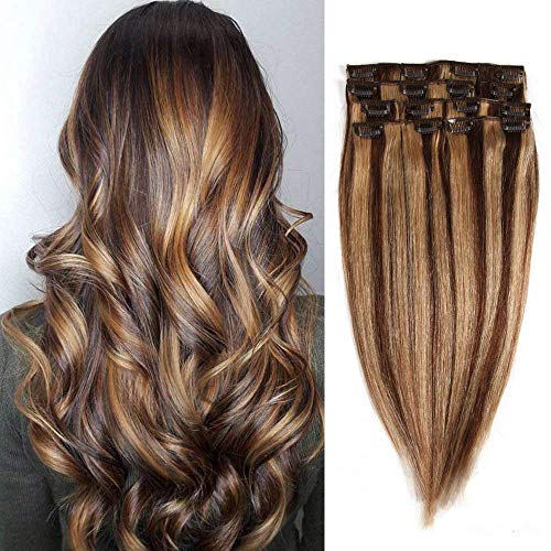 Clip in Human Hair Extensions Medium brown Dark Blonde Highlights #4/27 22 inch Full Head Thick Long Soft Silky Straight 8pcs 100g