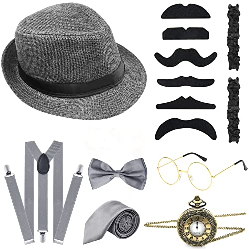 ELECLAND 10 Pieces 1920s Men Costume Accessories Set Roaring Retro Gangster Costume