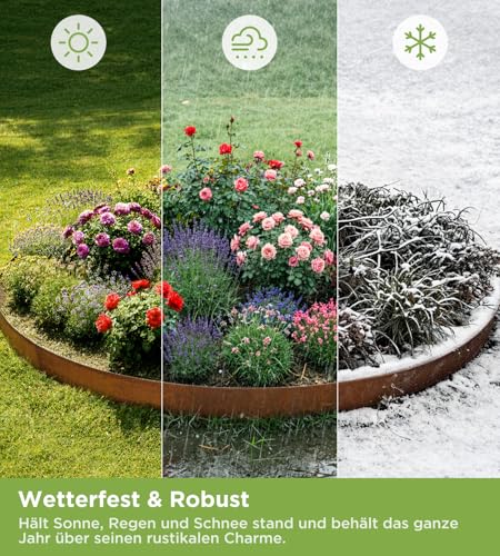 Corten Stahl Rasenkante 5 Meter – Metall-Garteneinfassung 15 cm hoch, Dicke 0,6 mm – Stahlkante für Rasenflächen, Metall-Rasenkante, inkl. Inklusive einem Paar Handschuhe und einem Metallverbinder