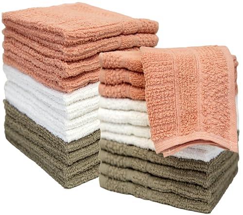 Image of PH Pleasant Home Ribbed Wash Cloths Set - 12 Pack (12 inch x 12 inch) - 509 GSM - 100% Ring Spun Cotton Wash Cloth - Super Soft and Highly Absorbent Face Towels (Blush,White & Tan)