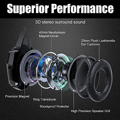 Image of BENGOO G9000 Stereo Gaming Headset for PS4 PC Xbox One PS5 Controller, Noise Cancelling Over Ear Headphones with Mic, LED Light, Bass Surround, Soft Memory Earmuffs for Laptop Mac - Black