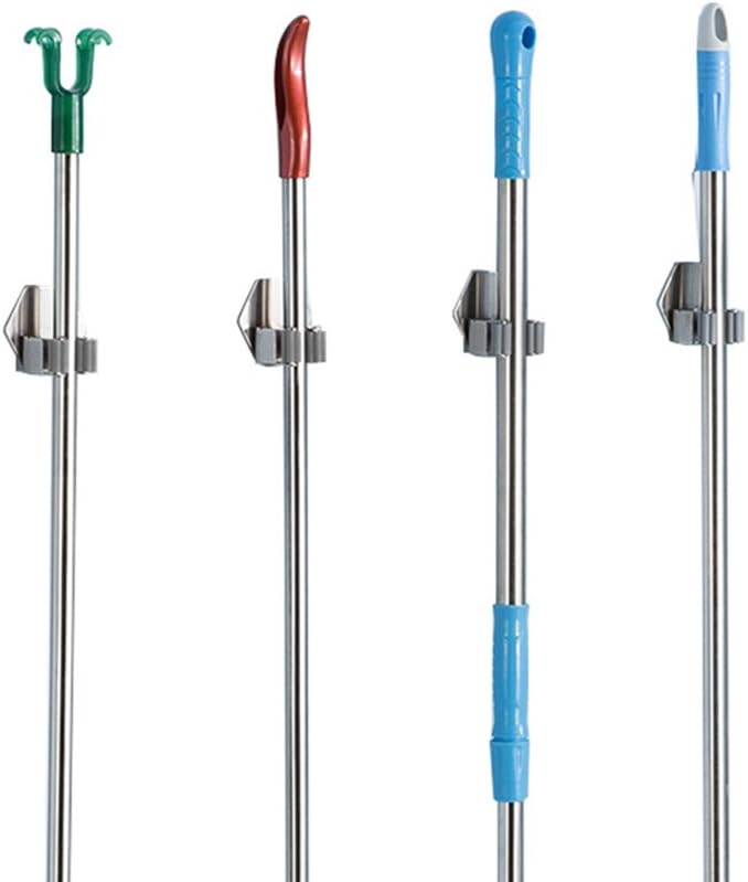 Mop and Broom Organizer Garage Tool Storage Rack Stainless Steel Broom Gripper Mop Holder with 3M Self Adhesive, 3 Pack