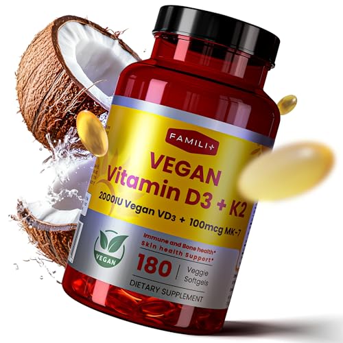 Image of FAMILI+ Vegan Vitamin D3 K2 2000IU with Coconut MCT Oil, 180 Softgels | 180 days, 2000IU Plant source Vitamin D3 + 100 mcg Vitamin K2 MK-7, For Bone, Muscle, Immune, Teeth & Heart Health