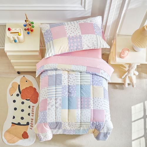 Image of Joyreap 4 Piece Cotton Toddler Bedding Set- Colorful Flowers Patchwork Design, Toddler Comforter Set for Girls, Includes Quilted Comforter, Fitted Sheet, Top Sheet, and Pillow Case