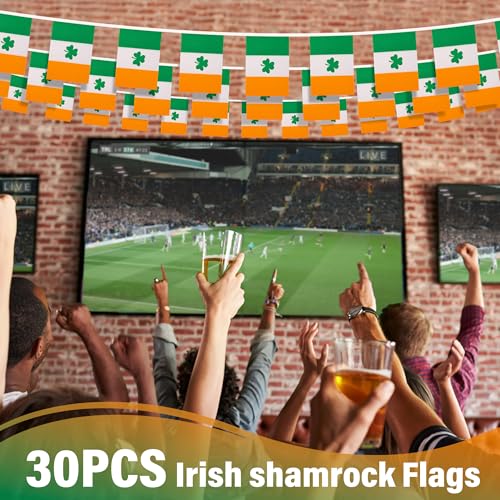 Image of Irish Shamrock String Flag Pennant Banner, Small Mini Ireland Clover Flags Bunting Banner, St Patrick's Day Decoration for School, Holiday, Party, Events, Festival, 33 Feet 30 Flags