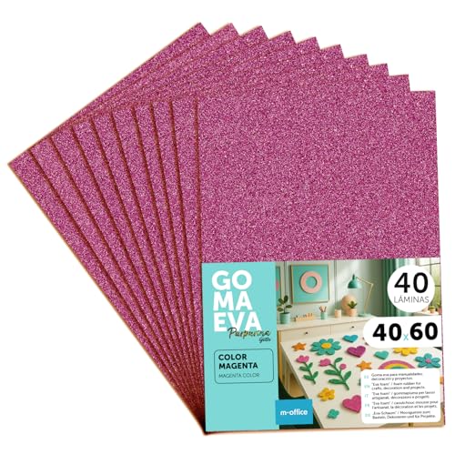m-office Fogli di Gomma Eva Colorata Glitterata, Gomma Crepla per Scrapbooking, Scuola, Cartoncini Creativi, Lavoretti, Torte Scenografiche, Scuola o Progetti Artistici 40x60cm (Magenta, 40uds)