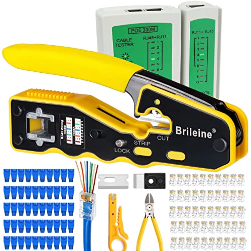 Brileine RJ45-Crimpwerkzeug-Set, RJ45-Pass-Through-Ethernet-Crimper mit Netzwerkkabel-Tester, 50 CAT6-Durchgangsstecker, 50 RJ45-Stiefel, Mini-Abisolierzange, Abisolierzange Cover