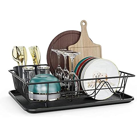 SGAONSN Dish Drainer Rack for Dishes, Dish Drainer with Drip Tray and Cutlery Collector, 42 x 32 x 12 cm, Black Cover