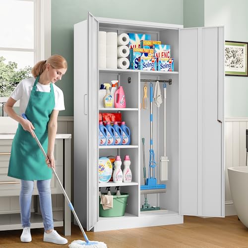 Image of Wide & Deep Metal Storage Cabinet with Hanging Rod,White Broom Closet Storage Cabinet with Lock,72 inch Tall Wardrobe Cabinets with Doors and Shelves,Locking Steel Tool Cabinets for Home,Office,Garage
