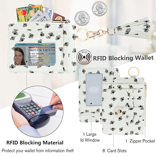 Image of KNGITRYI Wristlet Wallet for Women,RFID Keychain Wallet with Beaded Strap | 8 Card Slots,ID Window,Zipper Pocket,Leather Tassel,Compact Design