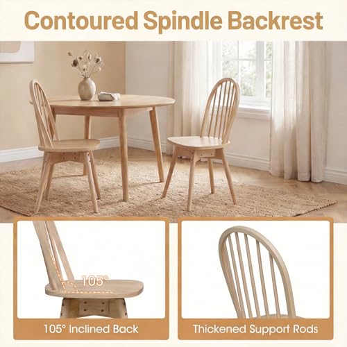 Image of COSTWAY Swivel Windsor Dining Chairs Set of 4 with Spindle Back, Natural | Solid Rubber Wood, Armless Kitchen Chair with Tilt Back, Mid-Century Modern Side Chairs for Dining Room, Kitchen, Restaurant