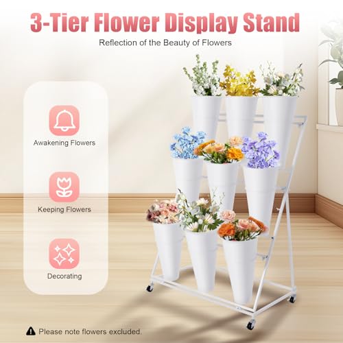 Jiabailie Flower Display Stand with 9 Buckets,3 Layer Plant Stand with Wheels,Flower Rack Display Stand,Indoor Outdoor Flower Cart Ladder Shelf for Florist, Garden, Patio (White) - Thumbnail 3