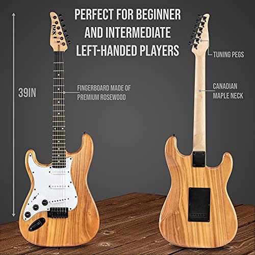 Image of LyxPro Left Hand 39 Inch Electric Guitar and Starter Kit for Lefty Full Size Beginner's Guitar, Amp, Six Strings, Two Picks, Shoulder Strap, Digital Clip On Tuner, Cable and Soft Case - Natural