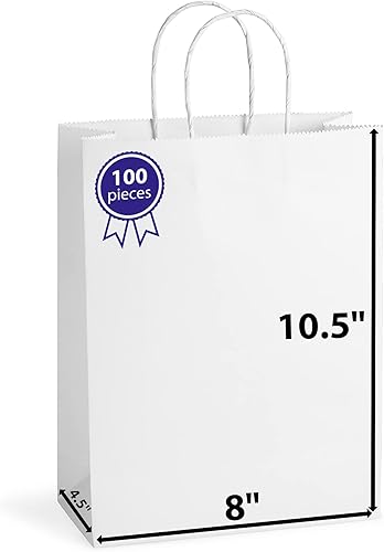 Miniatura 1 de QUIDDITY WARE Bolsas de papel blanco con asas a granel 8 x 4.5 x 10.5 100 bolsas. Para bolsas de regalo, bolsas de boda, bolsas de fiesta, bolsas de