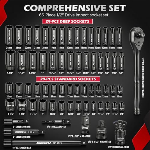 Image of 66-Piece 1 /2 inch Drive Impact Socket Set, SAE 3 /8 inch to 1-1 /4 inch and Metric 10-24mm, Deep & Standard 6-Point Cr-V Sockets with Ratchet, Extension Bars, Adapters, Universal Joint, Drill Adapter, Storage Case