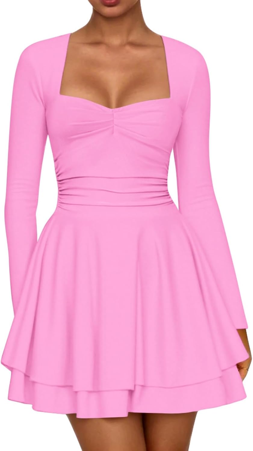 AGSEEM Womens Mini Dress Long Sleeve Square Neck Ruffle Hem Corset Ruched Waist A Line Short Party Dresses