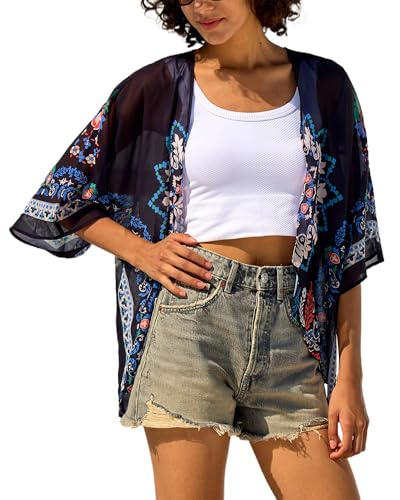 Image of Chunoy Women Floral Beach Wear Cover Up Chiffon Kimono Cardigan Open Front Blouse Top