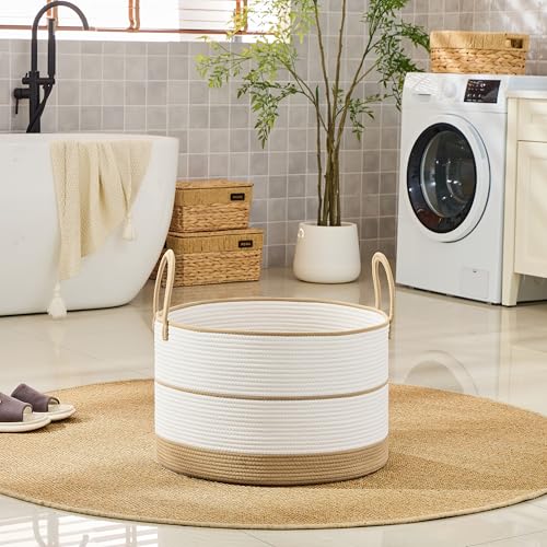 Image of KAKAMAY Cotton Rope Storage Basket (20 inchx13 inch),Woven Blanket Baskets for Toys,Pillows,Clothes,Sturdy Handles Decorative Basket for Living Room, Bedroom,Nursery(Brown /Black)
