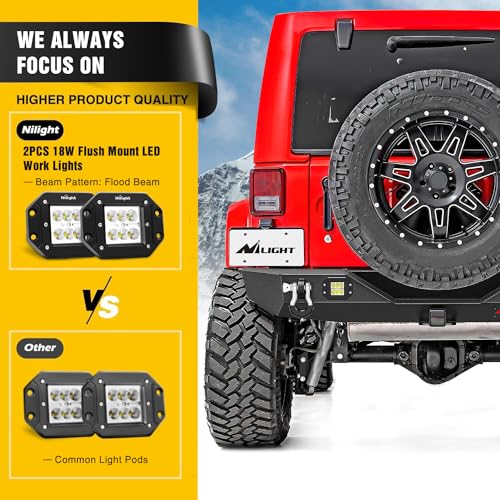 Image of Nilight Rear Bumper with Spare Tire Carrier for JK & Unlimited | For Wrangler JK & Unlimited (2 /4 Doors) 2007-2018 Hitch Receiver w 2 LED Lights D-rings