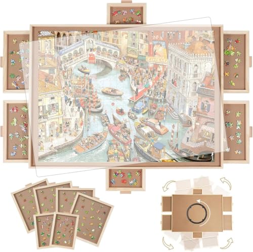 1500 Piece Puzzle Board 90cmx70cm Portable Puzzle Table 6 Drawers PP Cover Lazy Susan Spinning Jigsaw Puzzle Table with Drawers and Cover Wooden Puzzle Board for All Age (1500)