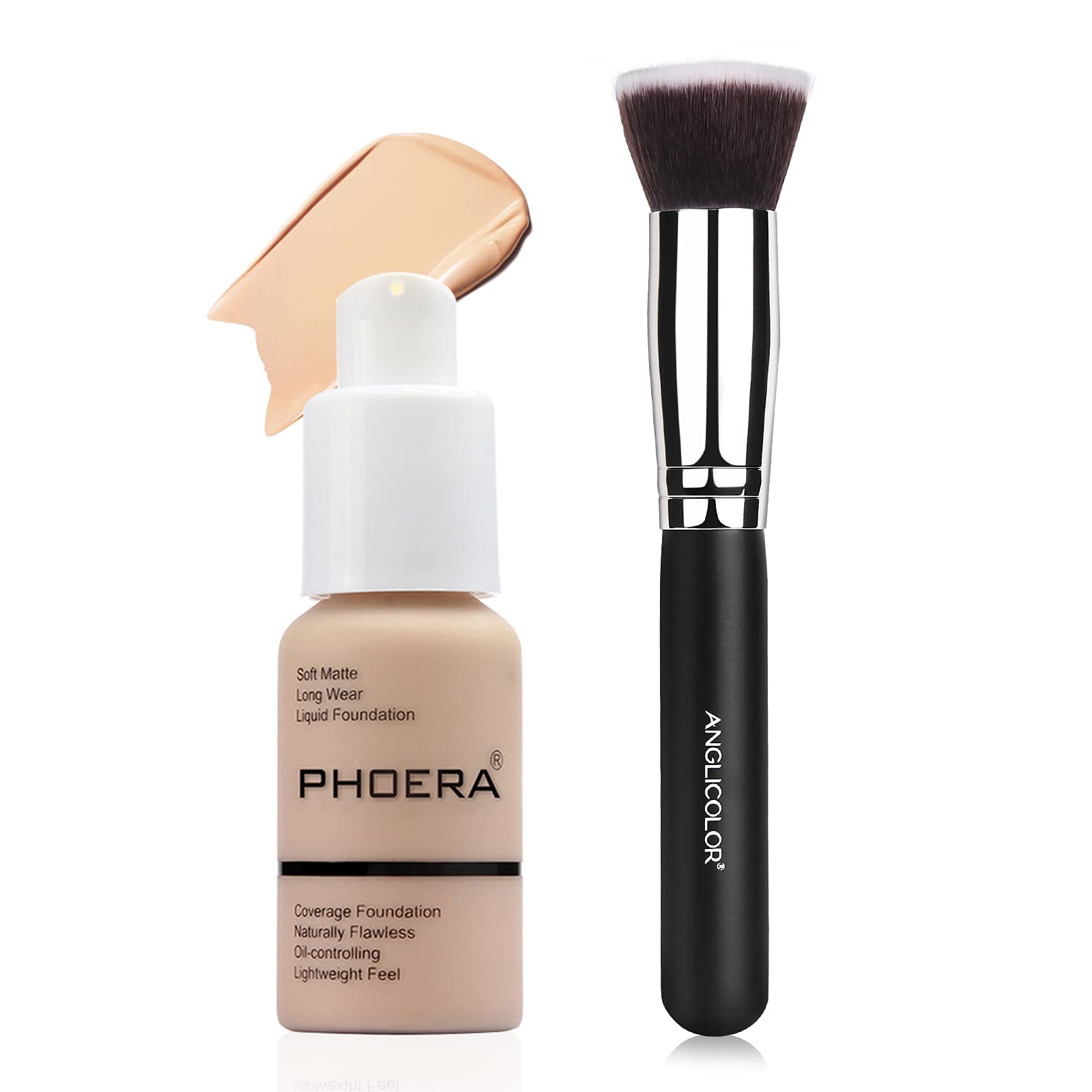 JunhePHOERA liquid foundation 30ML, liquid 24HR soft matte oil control full coverage concealer, PHOERA liquid foundation brush, natural makeup, the best gift for women (102)