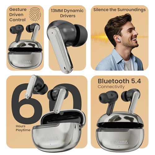 Image of AROMA TWS3 Vibe V5.4 True Wireless Earbuds - up to 60H Playtime | ENC | Fast Charging | Heavy Bass | Bluetooth | Midnight Gold
