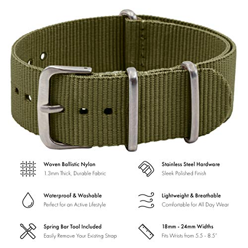 Benchmark Basics Nylon Watch Band - Waterproof Ballistic Nylon One-Piece Military Watch Straps for Men & Women - Choice of Color & Width - 18mm, 20mm, 22mm or 24mm (20mm, Army Green)