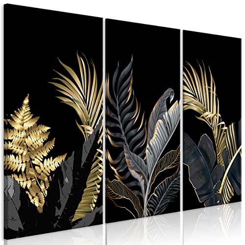 decomonkey | Impression sur Toile intissée Plante 120x80 cm | 3 Pieces | Tableau mural Image sur Toile Photo Images Motif Moderne Decoration tendu sur Chassis Palmiers Feuilles Nature Or Argent
