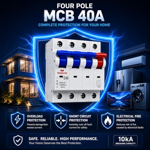 Image of MAHI 40A Four Pole MCB C Curve, Miniature Circuit Breaker with Overload & Short Circuit Protection, 40A Breaking Capacity, Durable Polycarbonate Body for Home & Industrial Use
