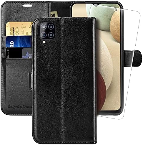 MONASAY Samsung Galaxy A12 Phone Case, Flip Wallet Leather Case with Tempered Glass Screen Protector and Card Slot Kickstand Phone Cases Cover for 6.5 Inch Samsung Galaxy A12/M12 Brown