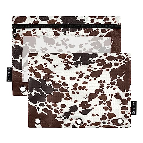 Kigai Cow Print Binder Pencil Pouch 3 Ring Zipper Pencil Case with Clear Window Pencil Pouch 2 Pack for School Classroom Office Organizers
