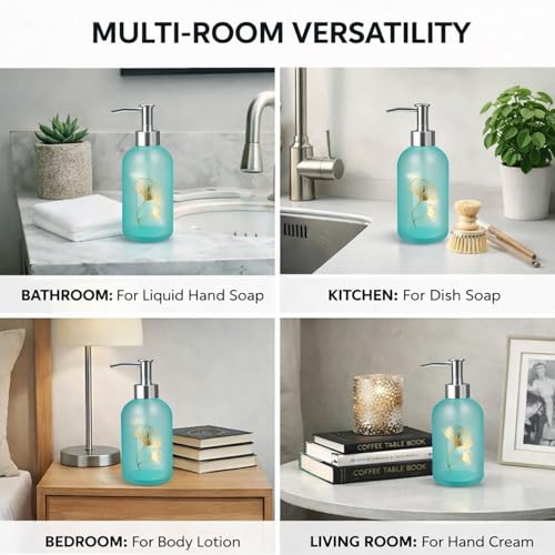 Image of Luxe Home International Flower Print Glass Soap Dispenser for Bathroom and Kitchen Sink Leak Proof Liquid Hand Wash Round Bottle Lightweight Smooth Finish (19.5x7.5 cm Sky) Pack of 1
